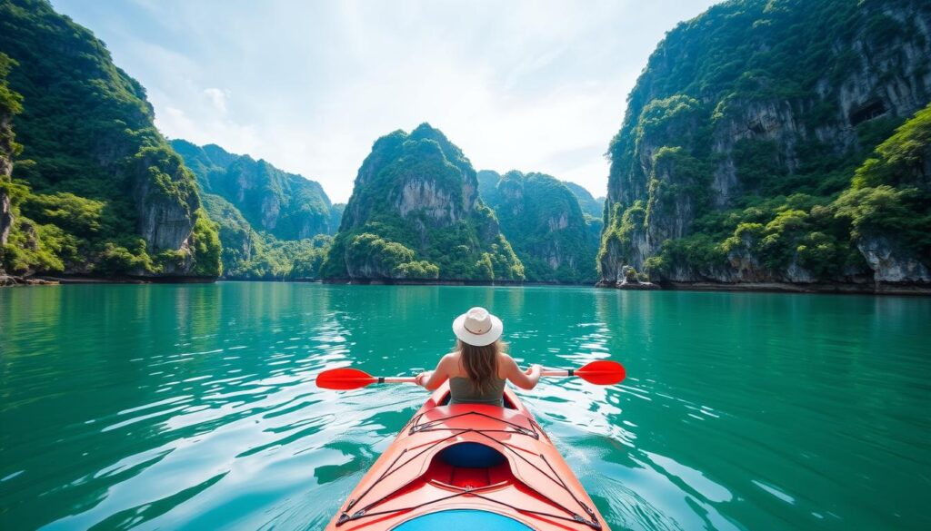 kayaking through emerald waters